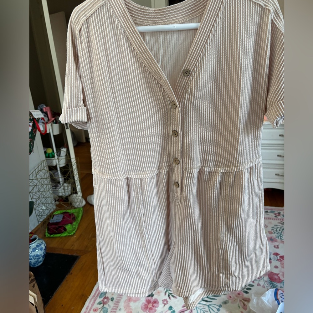 Button-Front Ribbed Romper in Beige